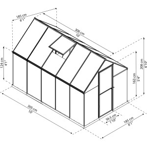 Skizze: Palram Canopia Gewächshaus, 5,7 m², grau, mit Maßangaben und Fundamentrahmen.