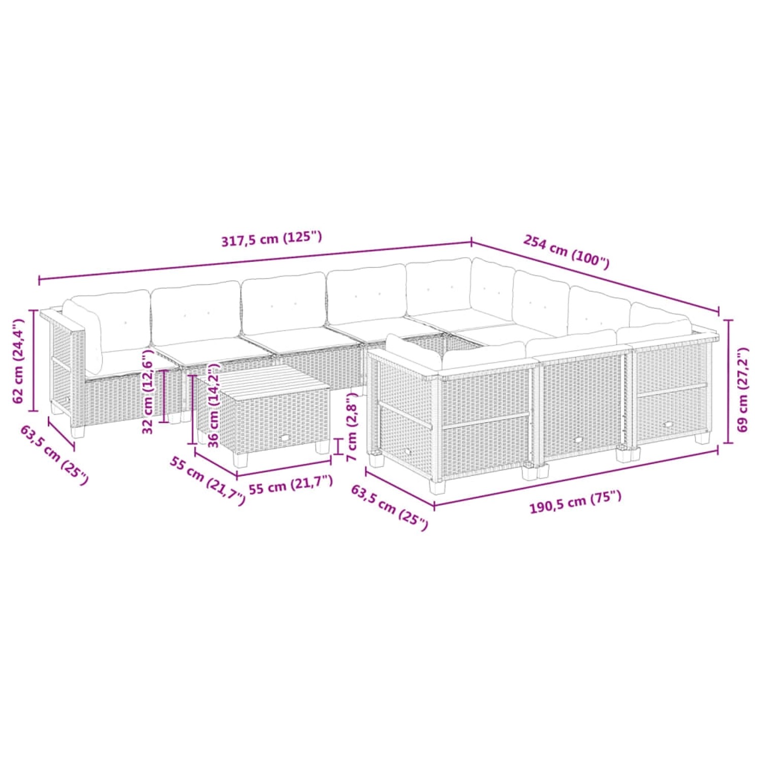 Graue 11-tlg. vidaXL Garten-Sofagarnitur aus Polyrattan mit Kissen und Tisch, Maße eingezeichnet.