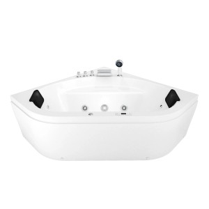 Weiße AcquaVapore Eck-Badewanne W20H-TH-SC 140x140 mit Whirlpool-Funktion und Armaturen.