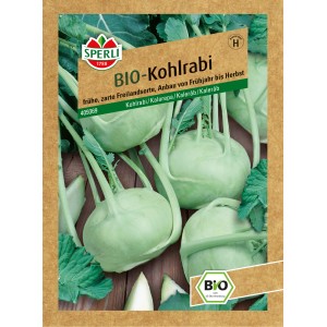 Sperli Bio Kohlrabi Weiß Samenpackung mit Kohlrabi auf Holzgrund.