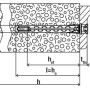 Skizze: Fischer HybridPower Dübel T 10x90 mm im Querschnitt mit Bemaßung in Beton.