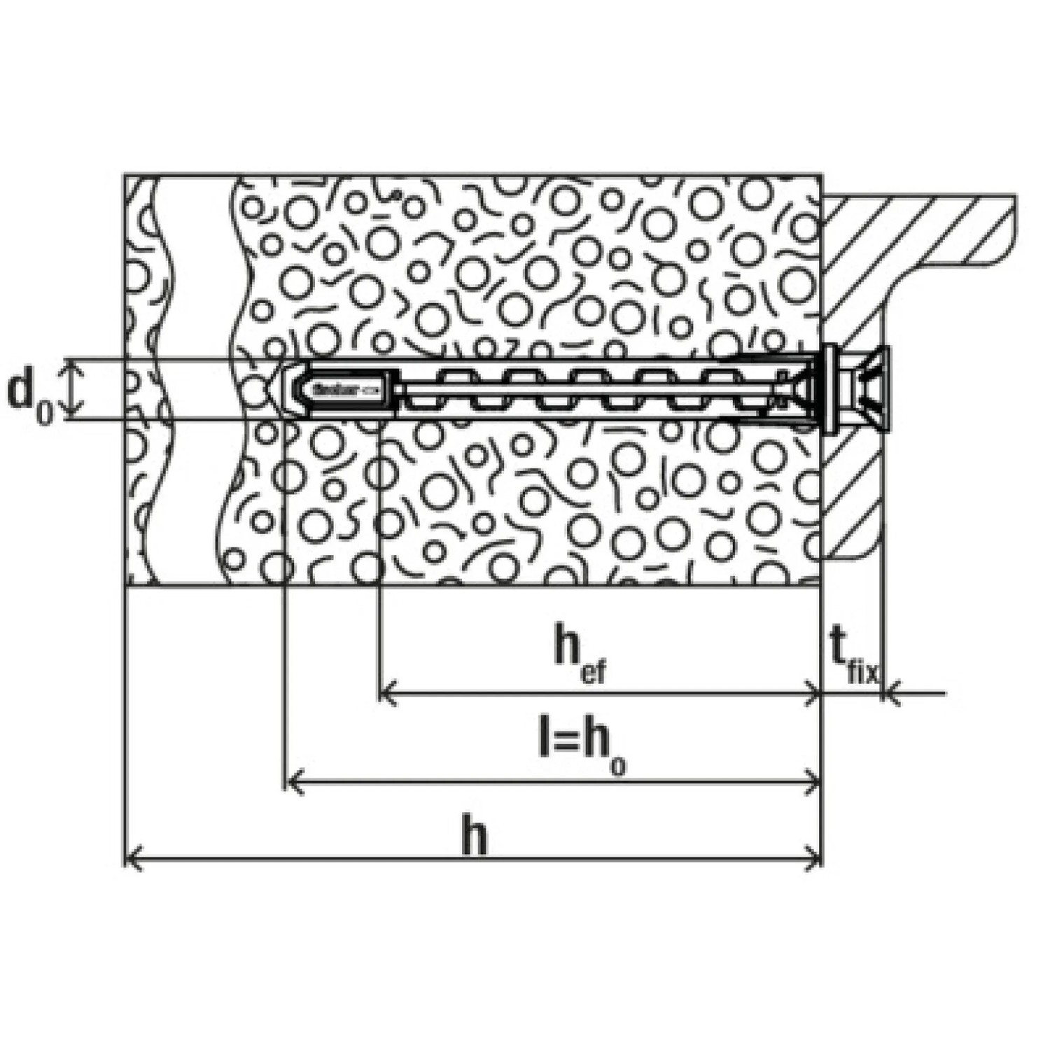 Skizze: Fischer HybridPower Dübel T 10x90 mm im Querschnitt mit Bemaßung in Beton.