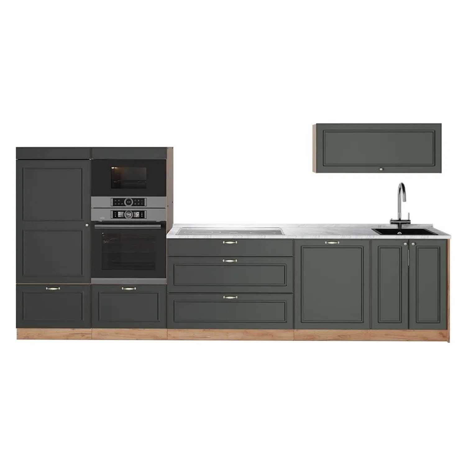 Vicco Küchenzeile Fame-Line Grün-Gold Landhaus/Goldkraft Eiche 340 x 154 AP Marmor Art Nr 64514