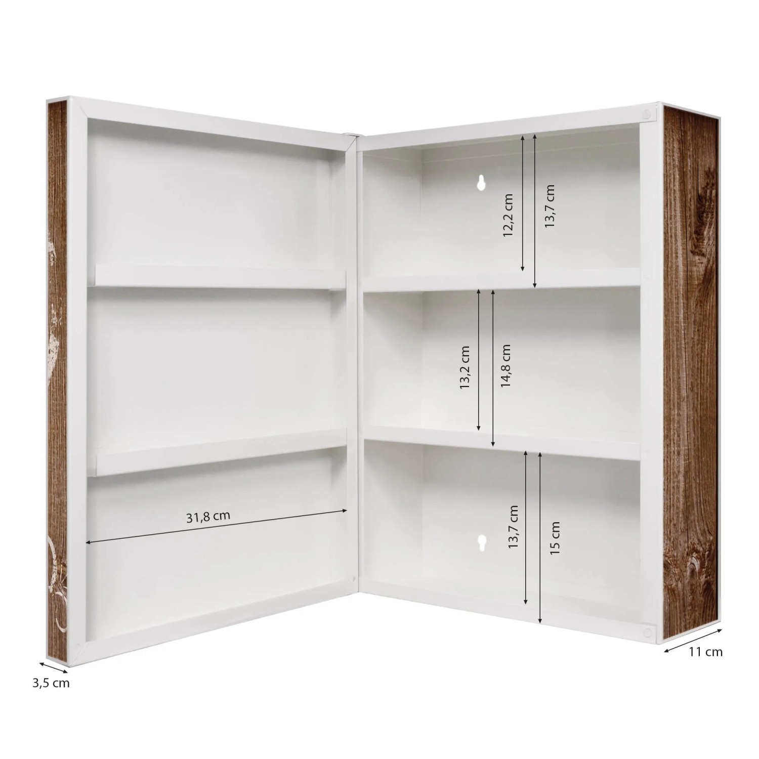 Offener, abschließbarer Banjado XXL Medizinschrank (35x46x15cm) in Weiß mit Holz-Motiv und Herz.