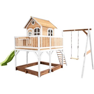 Axi Liam Spielhaus mit Schaukel, Rutsche und Sandkasten aus Holz in Braun, Weiß und Lindgrün.