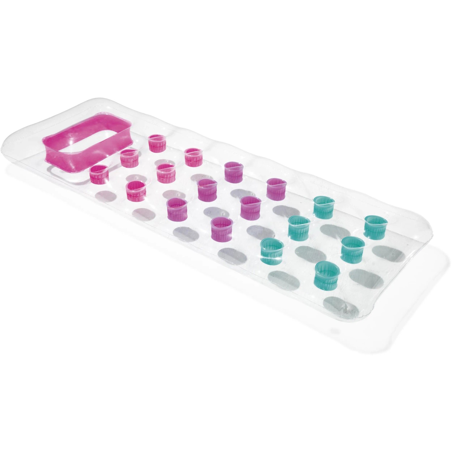 Bestway Luftmatratze, 177x63cm, transparent mit pinken und türkisen Akzenten.