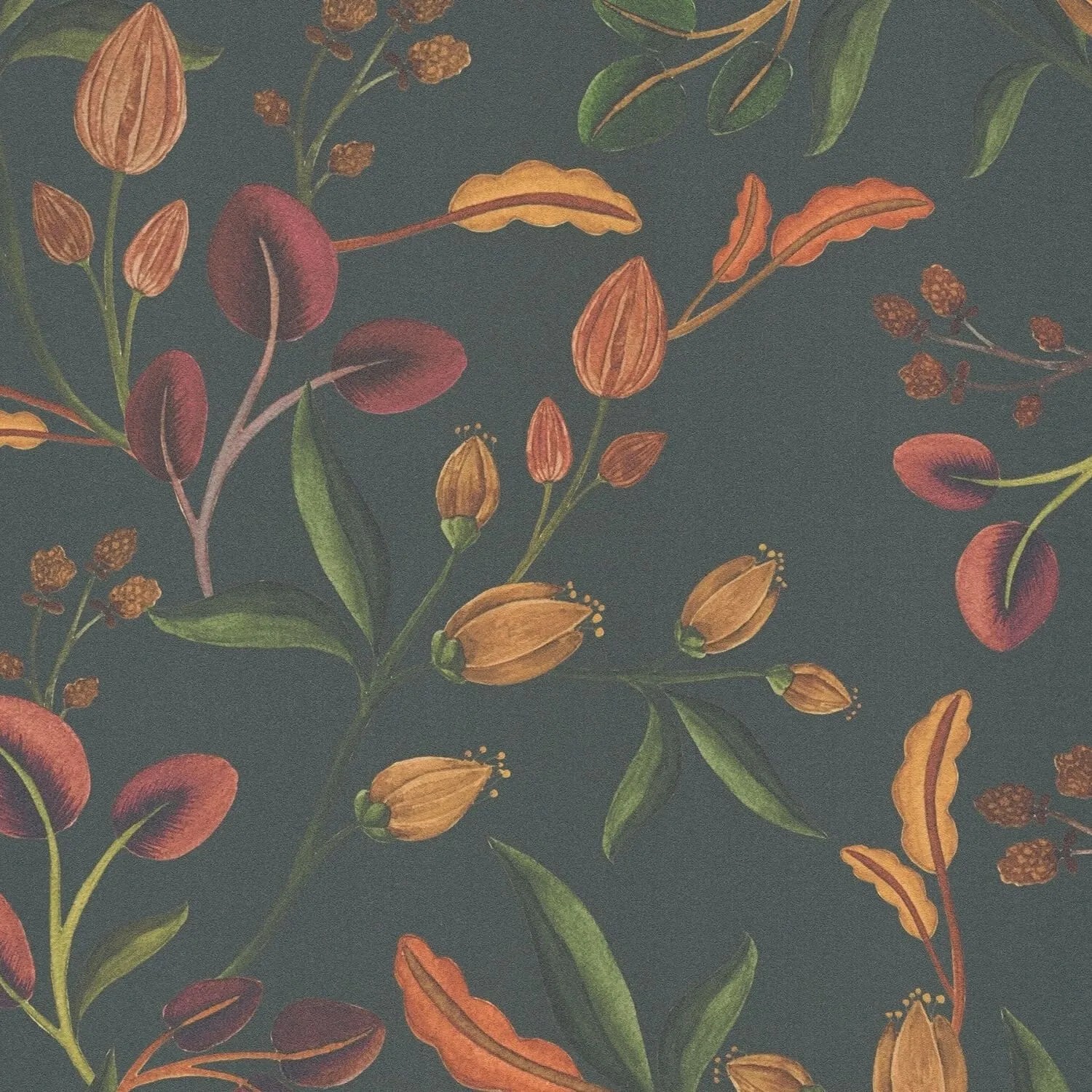 PROFHOME 782112-GU Blumen Tapete Floral Matt Anthrazit Grün Orange Rot 0,53 m x 10,05 m 5,33 m2