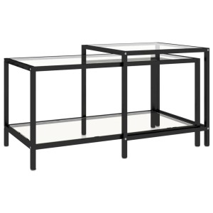 vidaXL Beistelltische, 2er-Set, transparentes Hartglas, schwarzes Metallgestell.