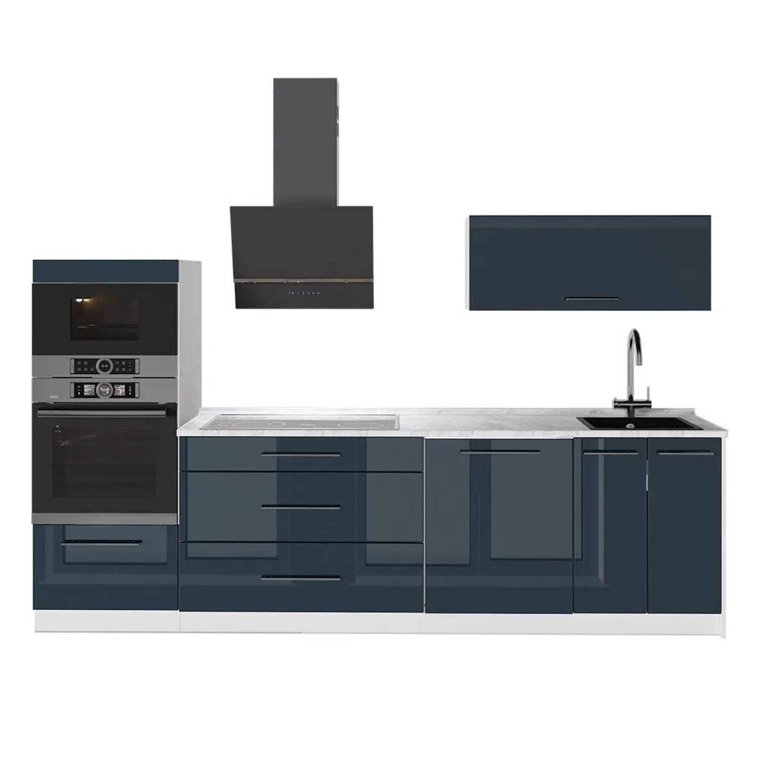 Vicco Küchenzeile Fame-Line Dunkelblau Hochglanz/Weiß 280 x 154 AP Marmor Art Nr 64726