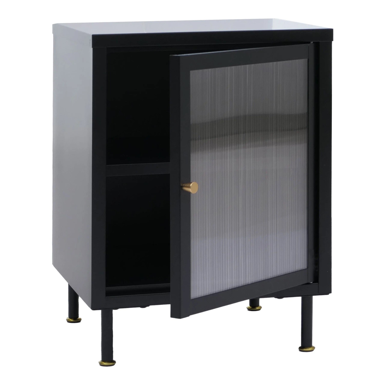 MCW Nachttisch O87 Industrial Staufächer Metall Schilfglas 55x41x41cm Schwarz