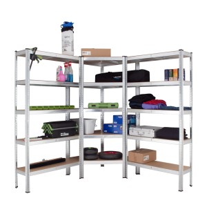 TRUTZHOLM Regalsystem, 3-teilig, mit Eckregal und Lagerregalen, beladen. Ideal für Garage, Keller oder Lager.