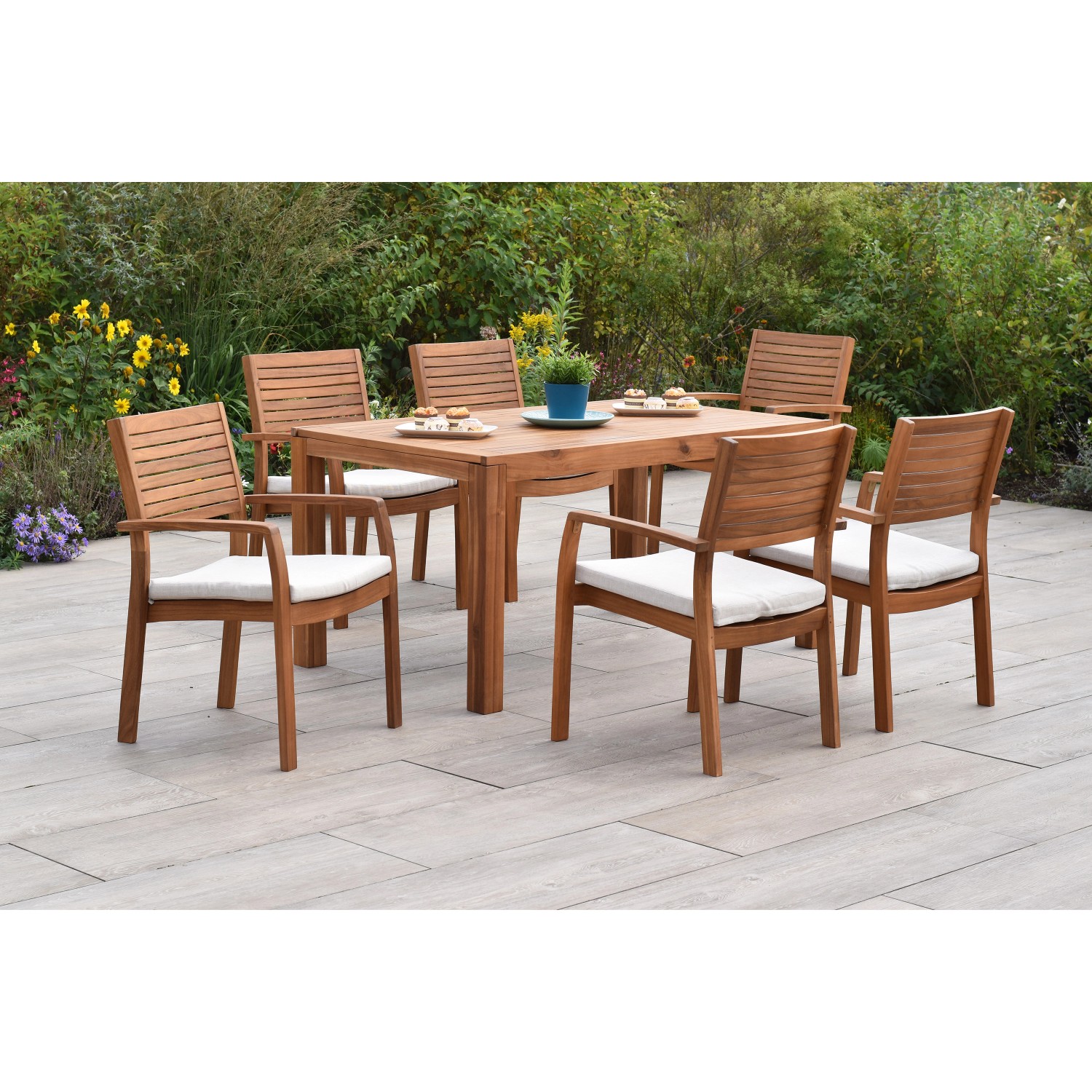 Merxx Batavia Set 13-tlg. 6 Stapelsessel 6 Auflagen Gartentisch 150(200)x90 günstig online kaufen
