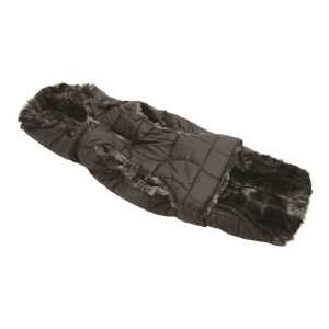 Schwarzer Fashion Dog Steppmantel, 27 cm, mit Kunstfellfutter und abnehmbarer Kapuze.