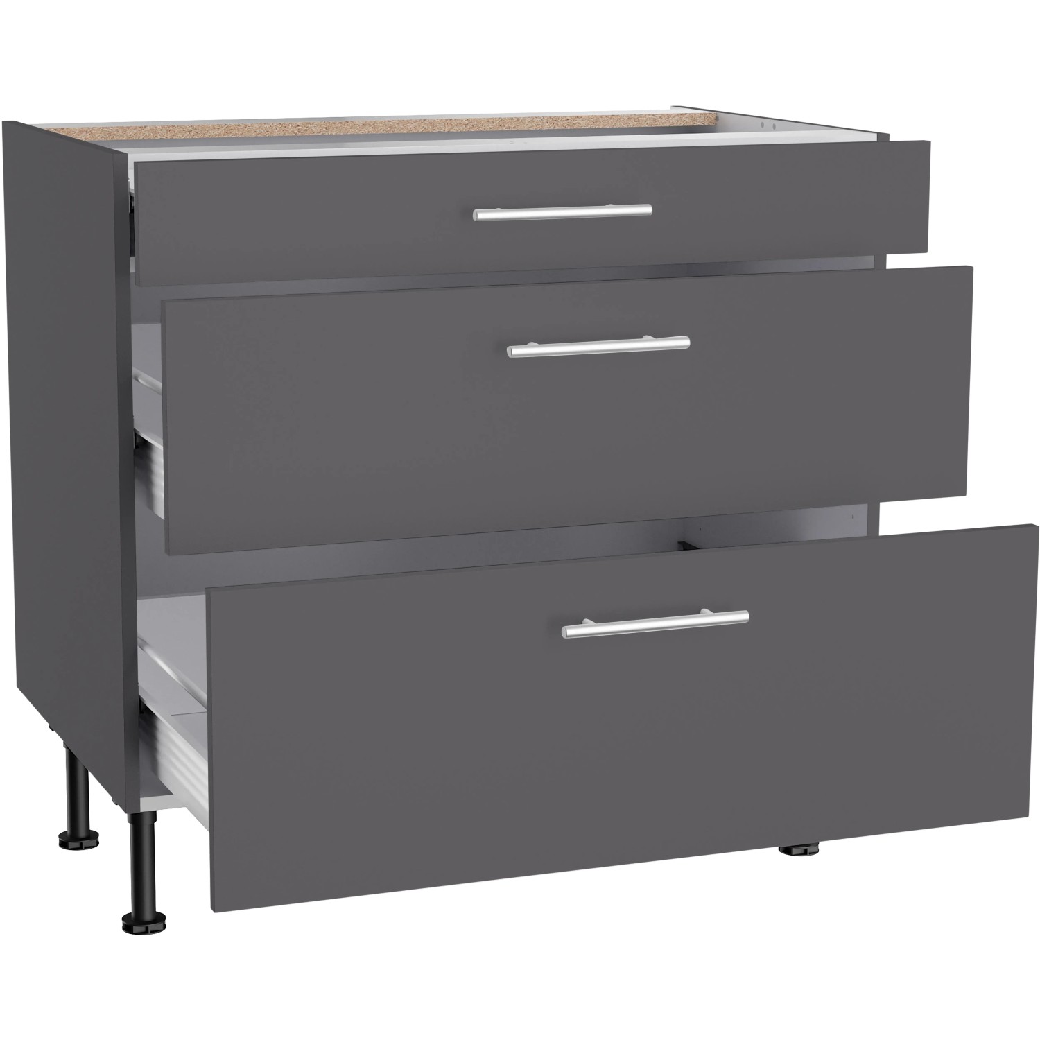 Optifit Unterschrank Ingvar420, 90 cm, Anthrazit Matt mit 3 Auszügen und Edelstahlgriffen.