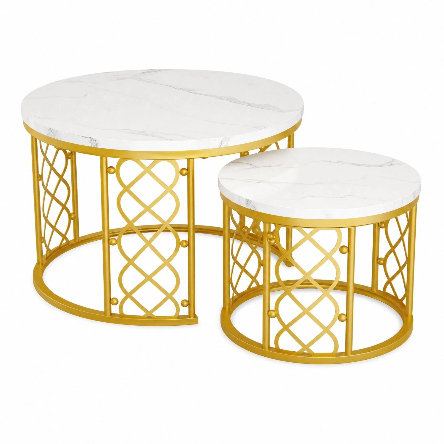 okwish Couchtisch mit 2er-Set Satztische Wohnzimmer 70x 70x 45cm Weiß Gold