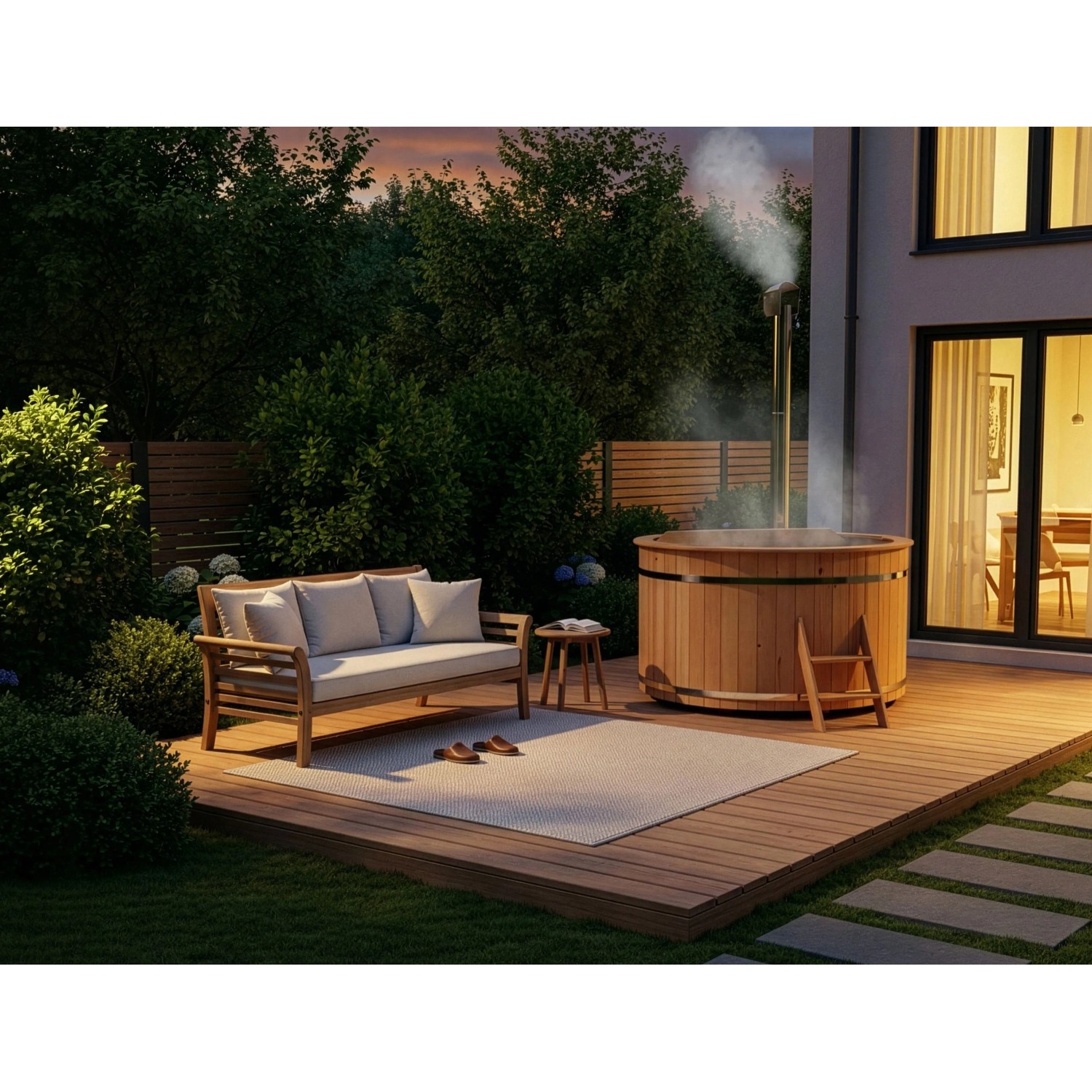 Holz-Badefass Bergen mit Ofen auf Holzterrasse, mit Leiter, Sitzbank und Sofa.