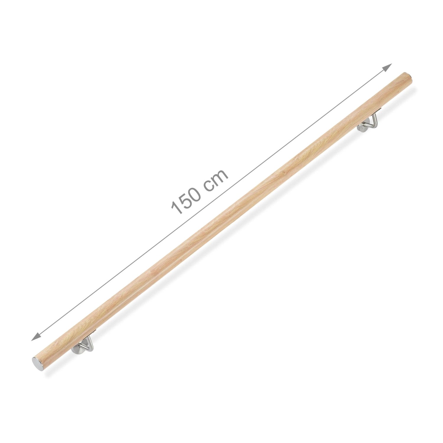 Runder Aluminium Handlauf in Buche-Optik, 150 cm lang, mit silbernen Wandhalterungen. Ideal für Treppen und Geländer.