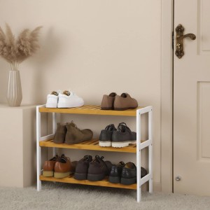 Relaxdays Schuhregal Bambus Natur Weiß 3 Ablagen 55 cm x 70 cm x 26 cm 2,2 kg