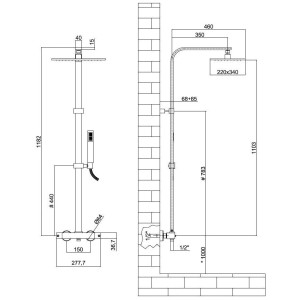 Technische Zeichnung: Kronenbach Duschsystem Aufputz, eckig, Chrom mit Maßen.