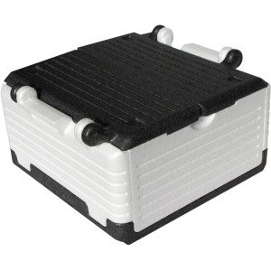 Zusammengeklappte, weiße Flip-Box Classic Thermobox (23 l) mit schwarzem Deckel. Ideal zur Aufbewahrung.