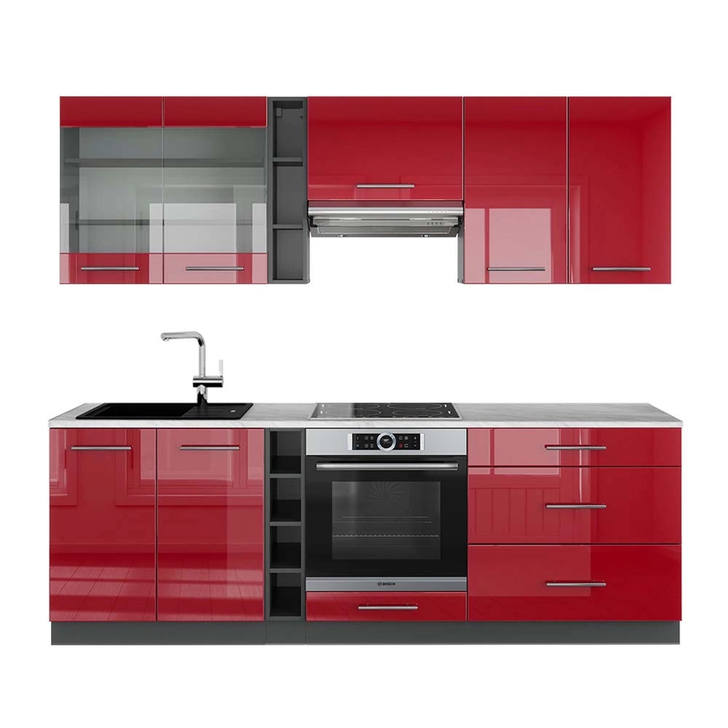 Vicco Fame-Line Küchenzeile Bordeaux Hochglanz/Anthrazit 235 cm AP Marmor günstig online kaufen