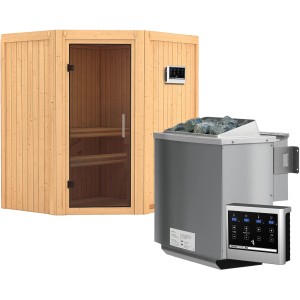 Karibu Sauna Tjorven mit Bio-Ofen, Graphit Glastür und LED-Dachkranz. Massivholzsauna für entspannte Stunden.