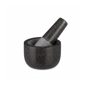 Dunkelgrauer Granit Mörser mit Stößel für Küchenausstattung. Robuster Küchenhelfer zum Zerkleinern von Gewürzen und Kräutern.