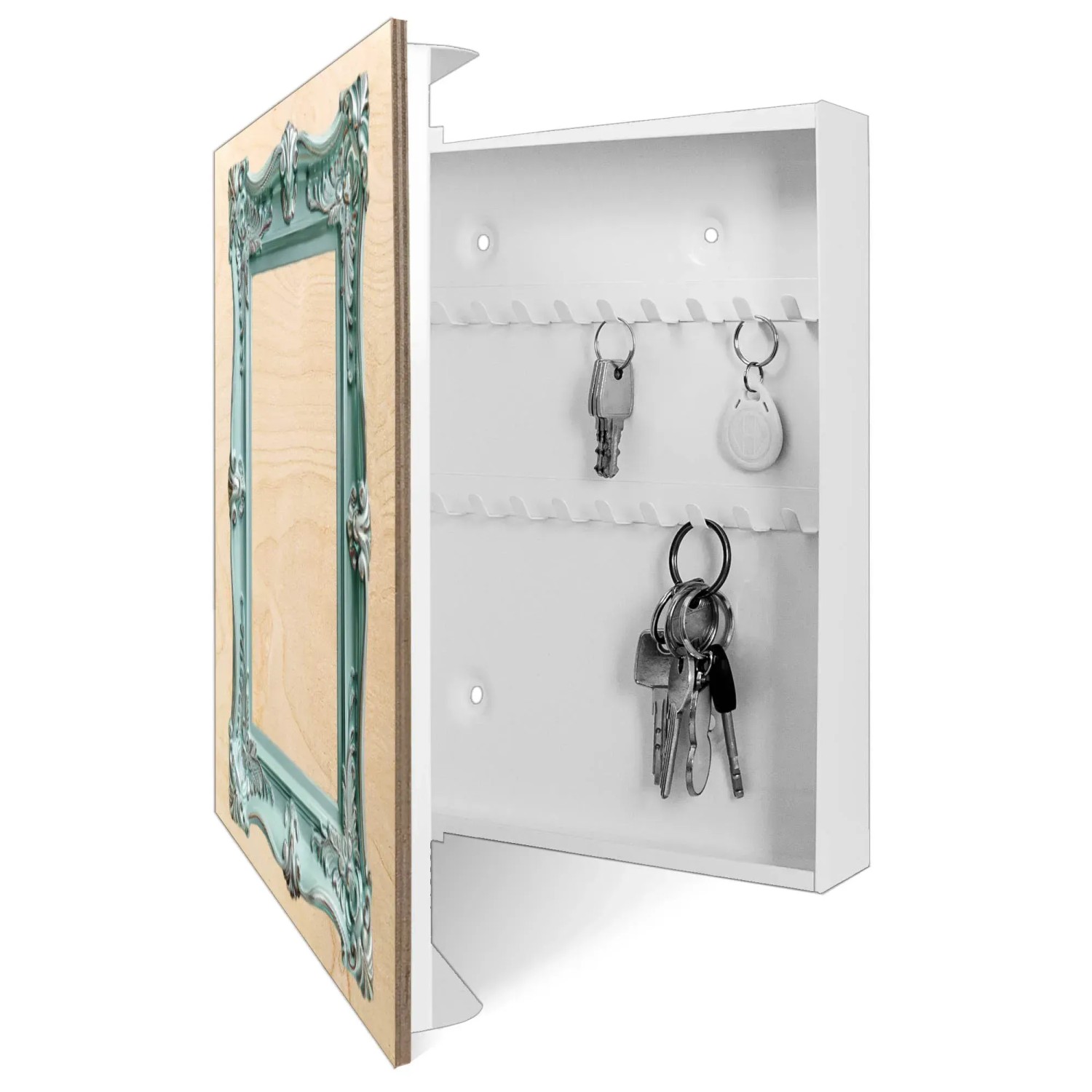 Banjado Schlüsselkasten mit Barockrahmen in Türkis, 50 Haken, Holzfront, 30x30cm.