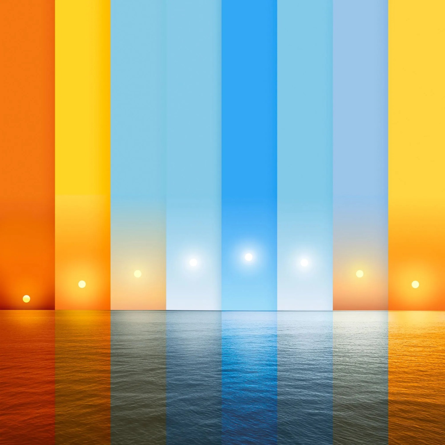 Philips Hue E14 Leuchtmittel: Farbspektrum von warm- bis tageslichtweißem Licht, von Orange bis Blau, über Wasser.