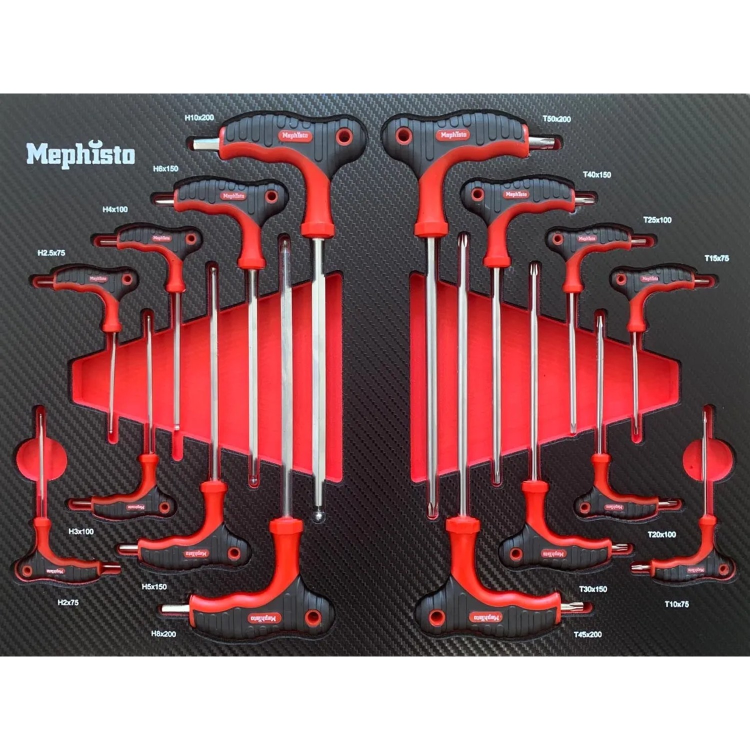 Mephisto Ringschlüssel-Set im Werkzeugwagen: T- und Innensechskant-Schlüssel in Carbon-Optik.