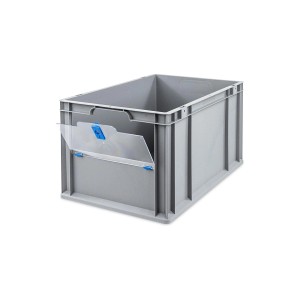 Graue PROREGAL Eurobox mit blauem Klappdeckel, 65 Liter, für Lagerung und Transport.