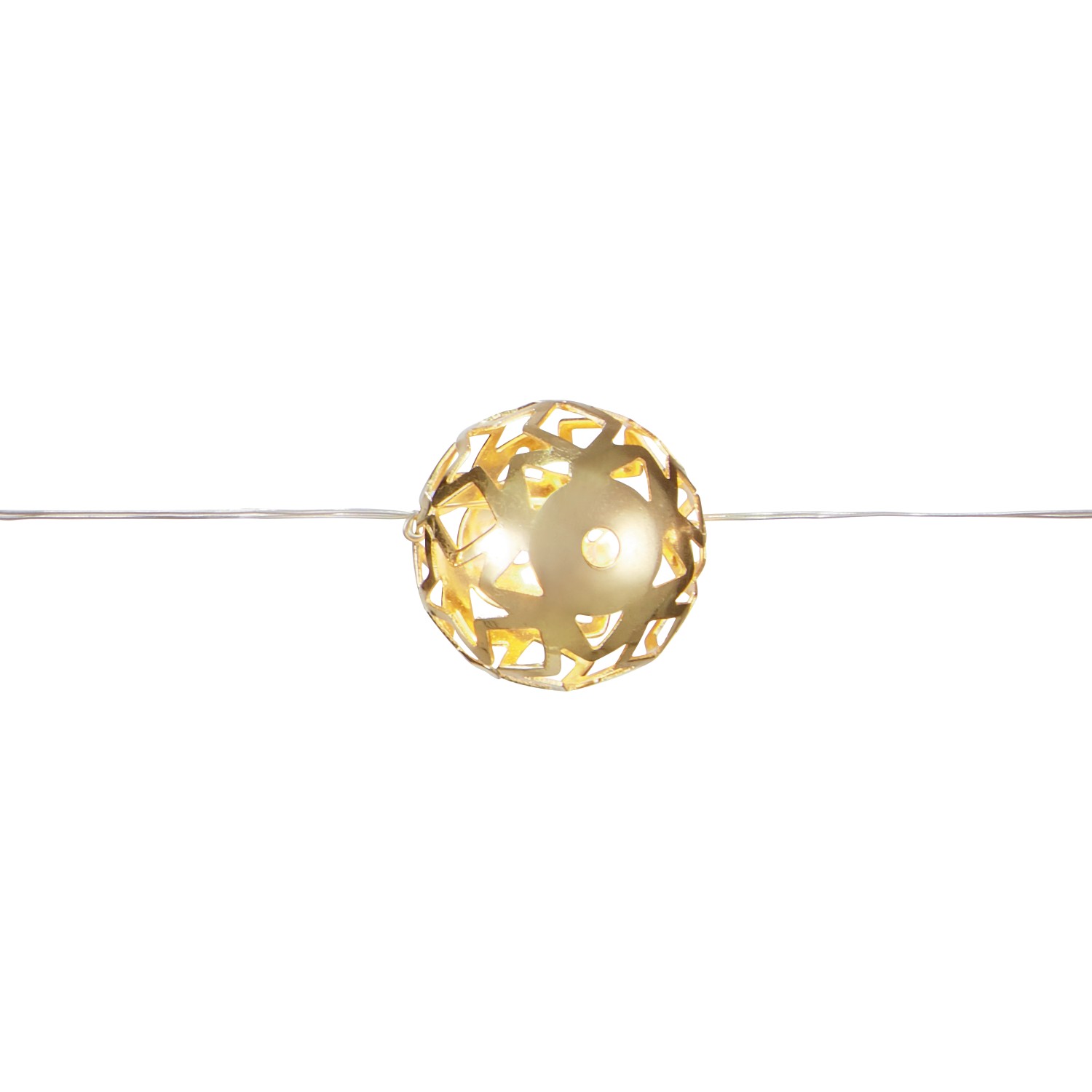 LED-Lichterkette mit goldenen Metallbällen und transparentem Kabel für stimmungsvolle Innenraum-Beleuchtung.