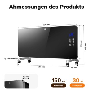 Abbildung der Wiltec Elektro Glasheizung 2000W mit Maßangaben.