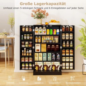 Schwarzer Costway Mehrzweckschrank/Buffetschrank mit 6 verstellbaren Einlegeböden, gefüllt mit Lebensmitteln.