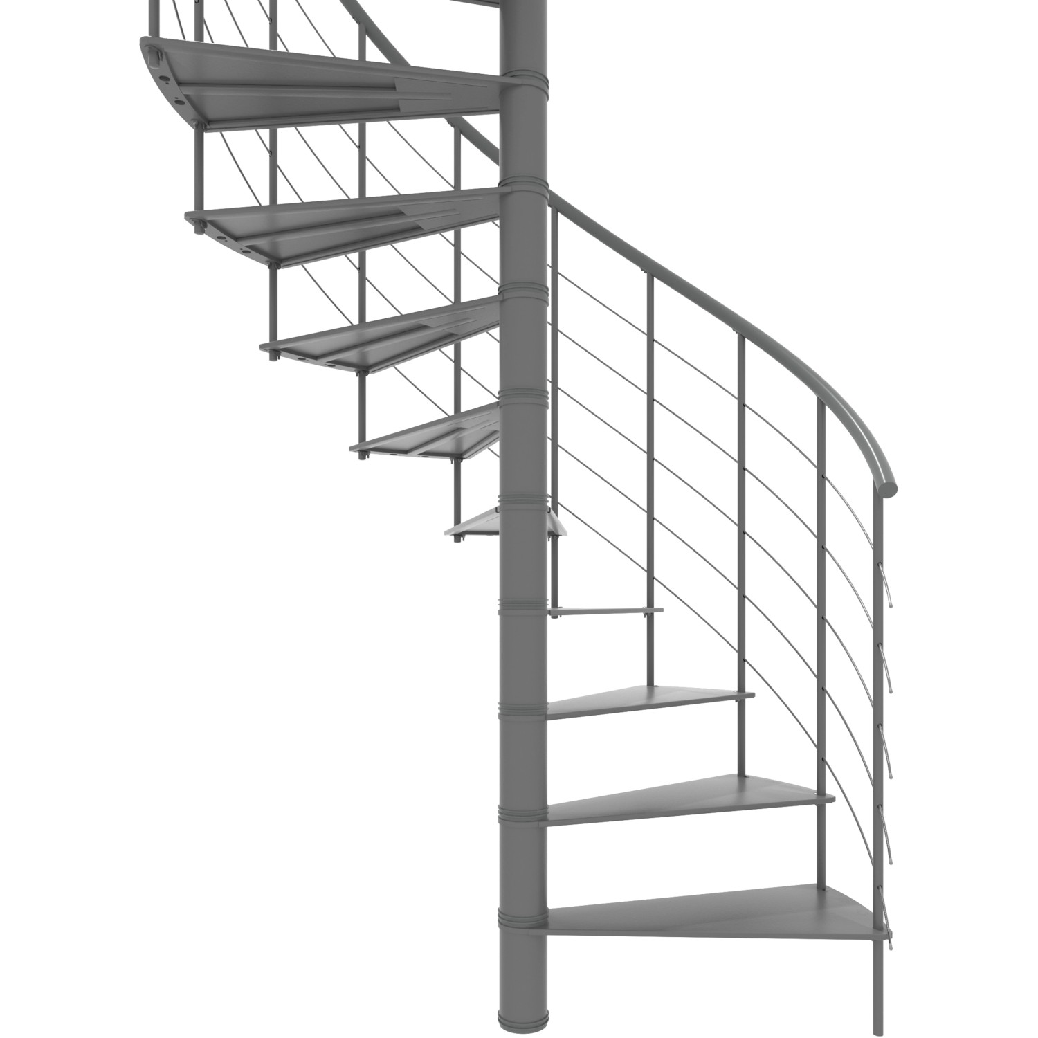 Graue Minka Spindeltreppe Milano, Ø140 cm, für Geschosshöhen bis 300 cm. Innentreppe mit Metallstufen und Geländer.