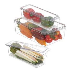 Relaxdays Kühlschrank Organizer 3er Set mit Gemüse und Obst in transparenten Boxen.