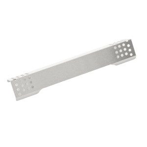 Länglicher, gebogener RÖSLE Wärmeverteiler aus mattem Edelstahl mit Lochmuster an den Enden für Videro Grills.