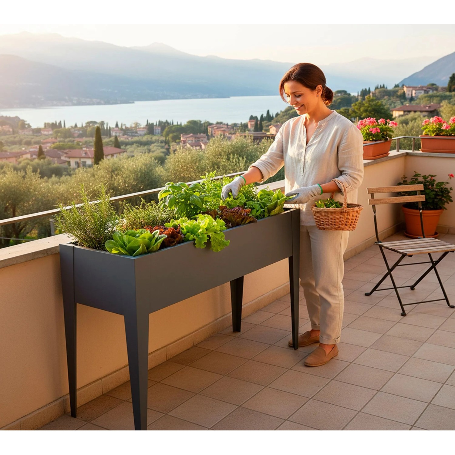 Westmann Metall-Hochbeet Vedura M Anthrazit auf Balkon. Frau gärtnert in ergonomischem Pflanzkasten mit Kräutern.