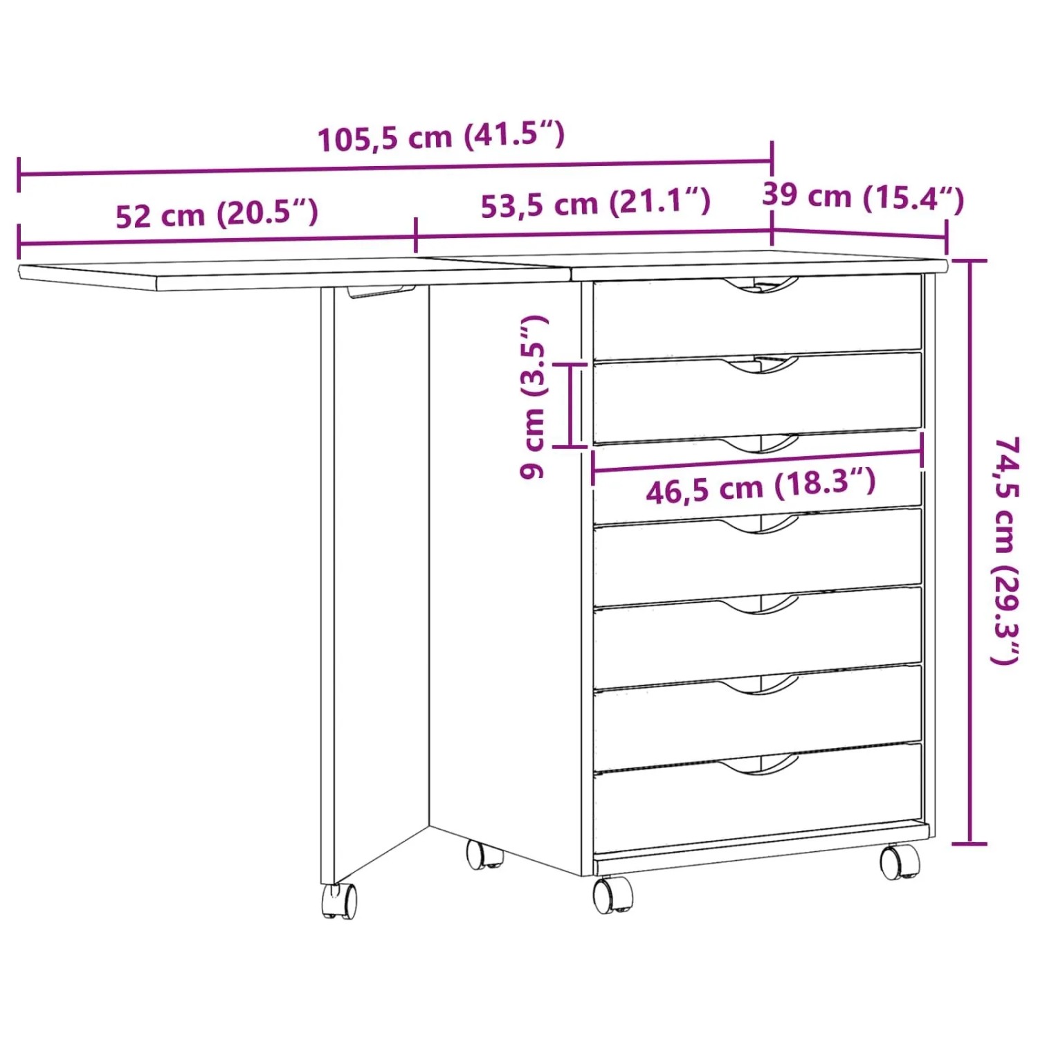 vidaXL Rollwagen Schreibtisch MOSS, Klarlack, Kiefer massiv, 7 Schubladen, 105,5x39x74,5 cm.