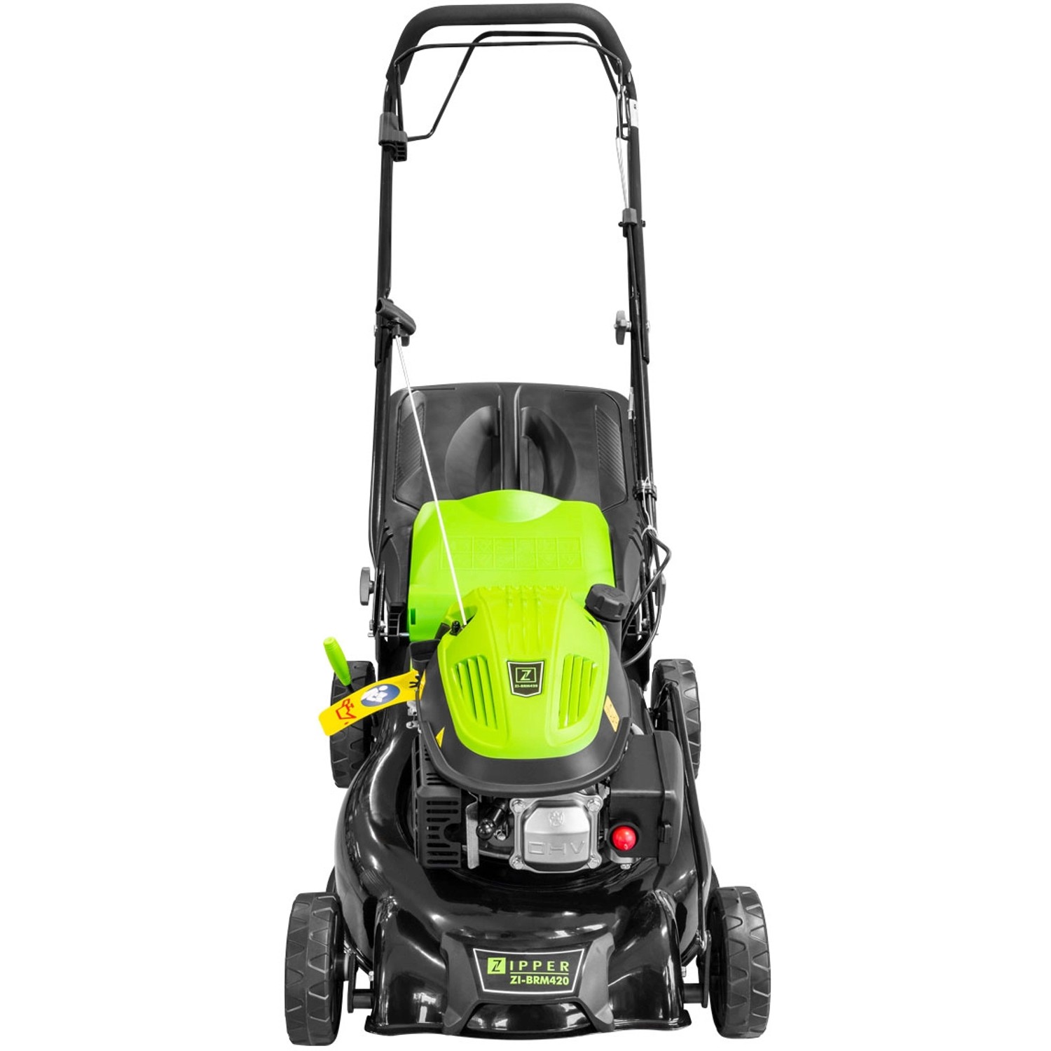 Zipper Benzin-Rasenmäher ZI-BRM420: Frontansicht des Rasenmähers mit grünem Motorblock.