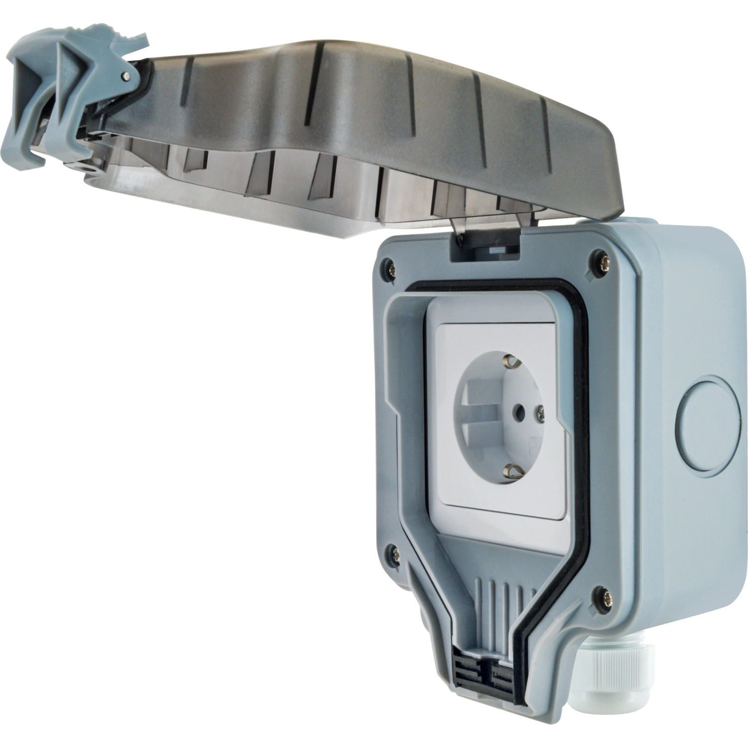 Schwaiger Aufputz-Außensteckdose, 1-fach, hellgrau, IP66, mit geöffnetem Deckel.