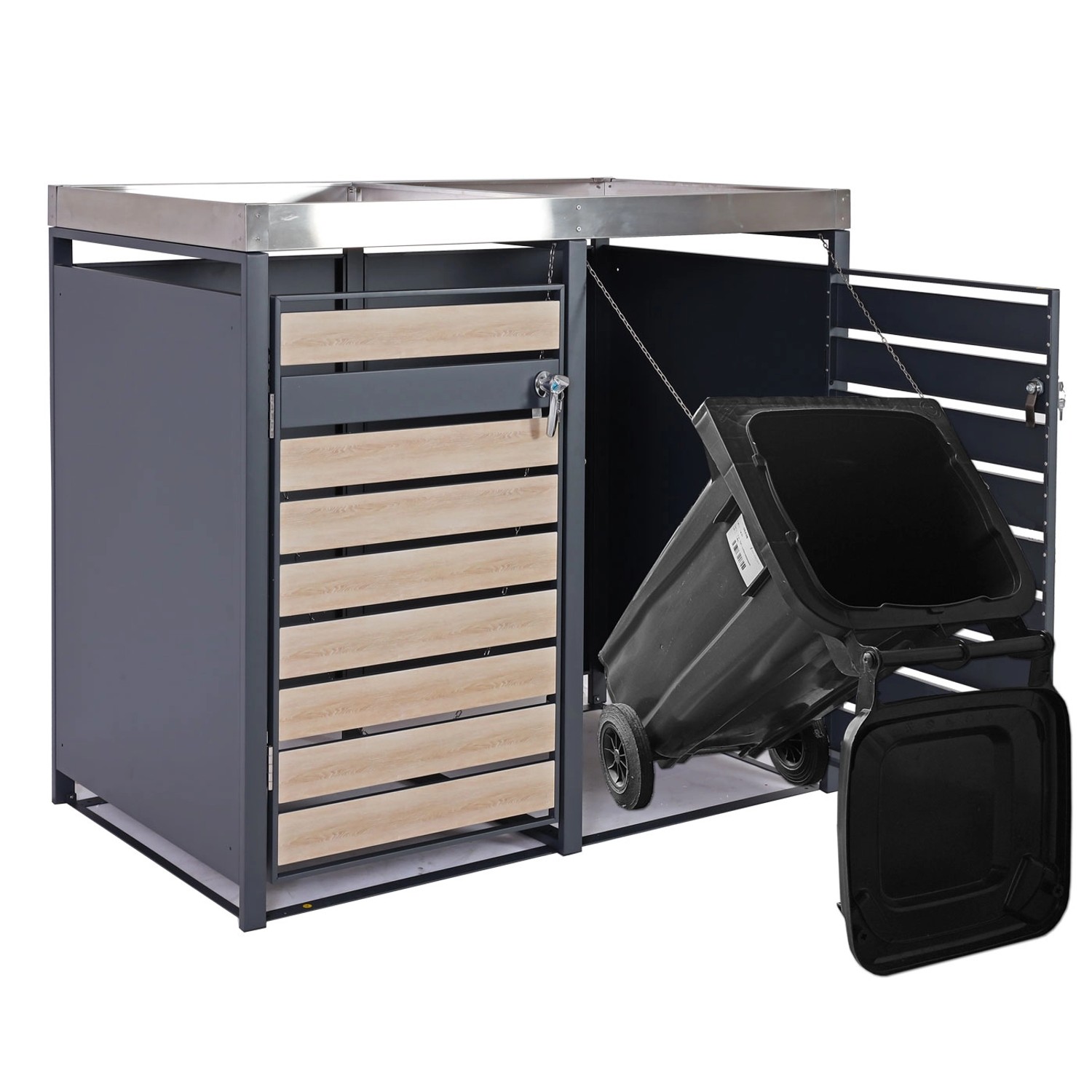 MCW Mülltonnenverkleidung J81 für 2 Tonnen, Buche-Holzoptik, mit Kippvorrichtung und Pflanzkasten.