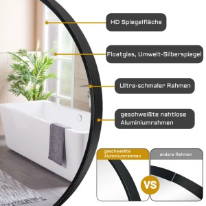Runder Aica Sanitär Wandspiegel (70 cm) mit schwarzem Aluminiumrahmen im Badezimmer.