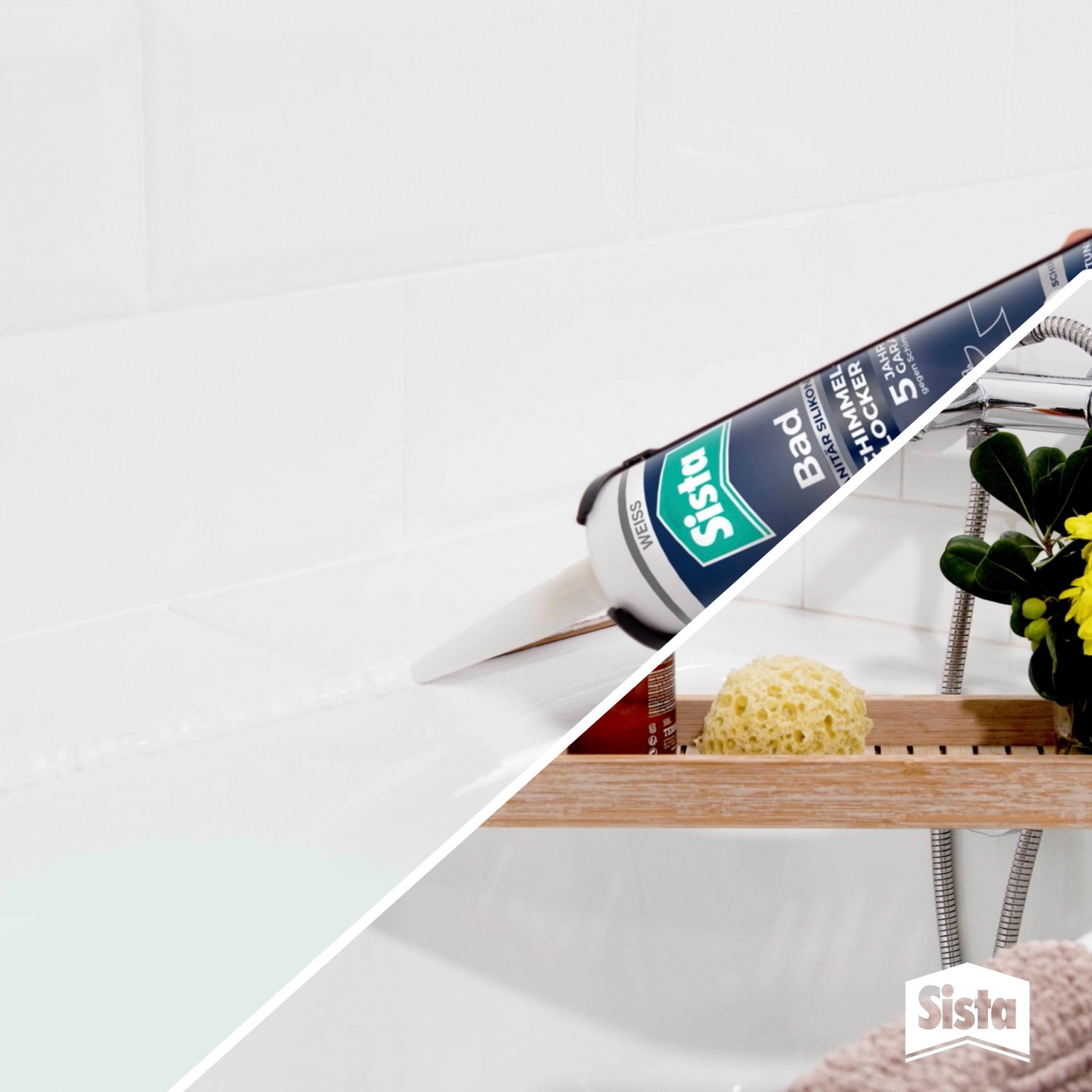 Anwendung von Sista Bad Sanitär Silikon Weiß zum Abdichten einer Badewanne.