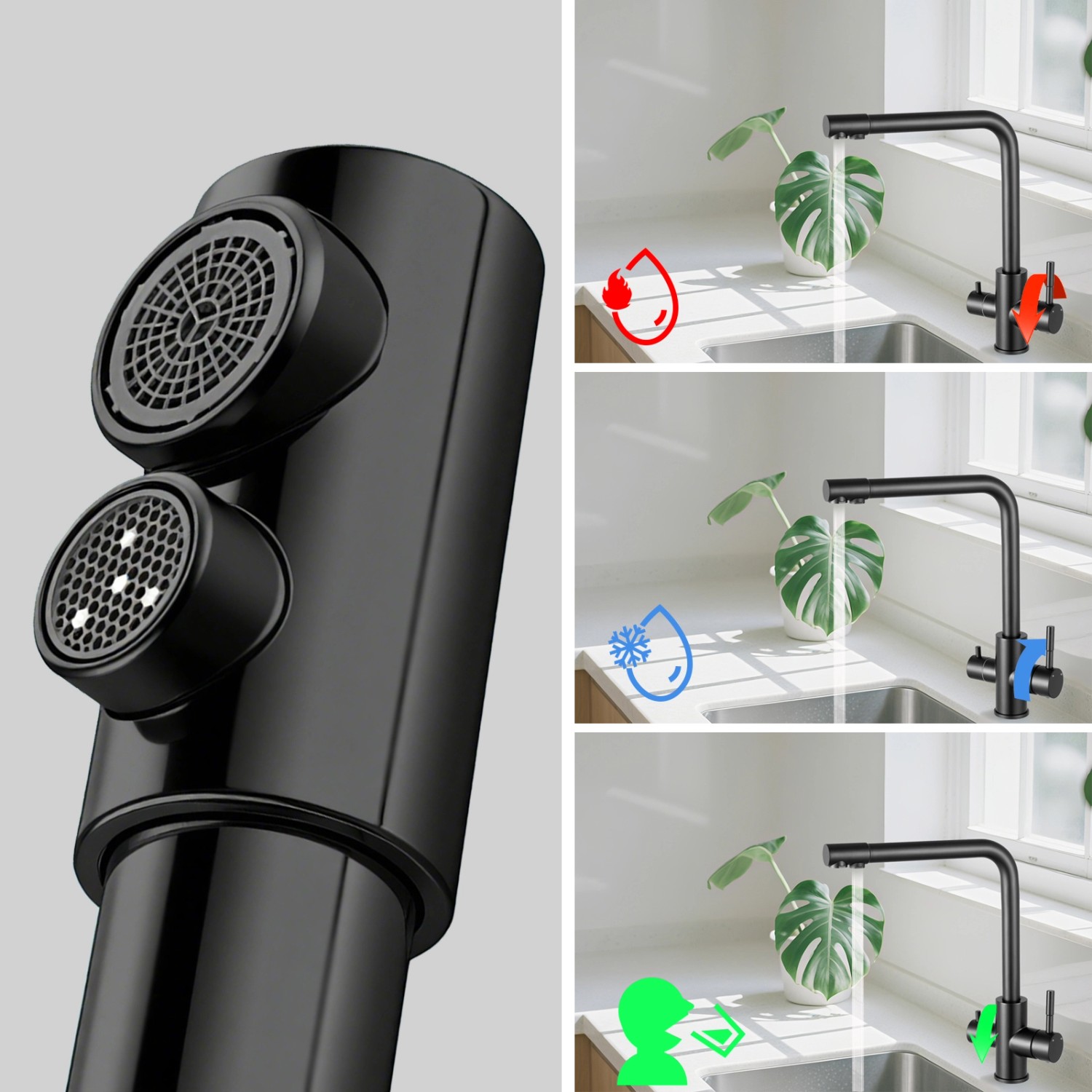 AICA Wasserhahn Schwarz Küche Spültischarmatur 3-Wege mit Trinkwasserfilter 2-Hebel Design für Doppelspülen 360° Schwenkbar_10