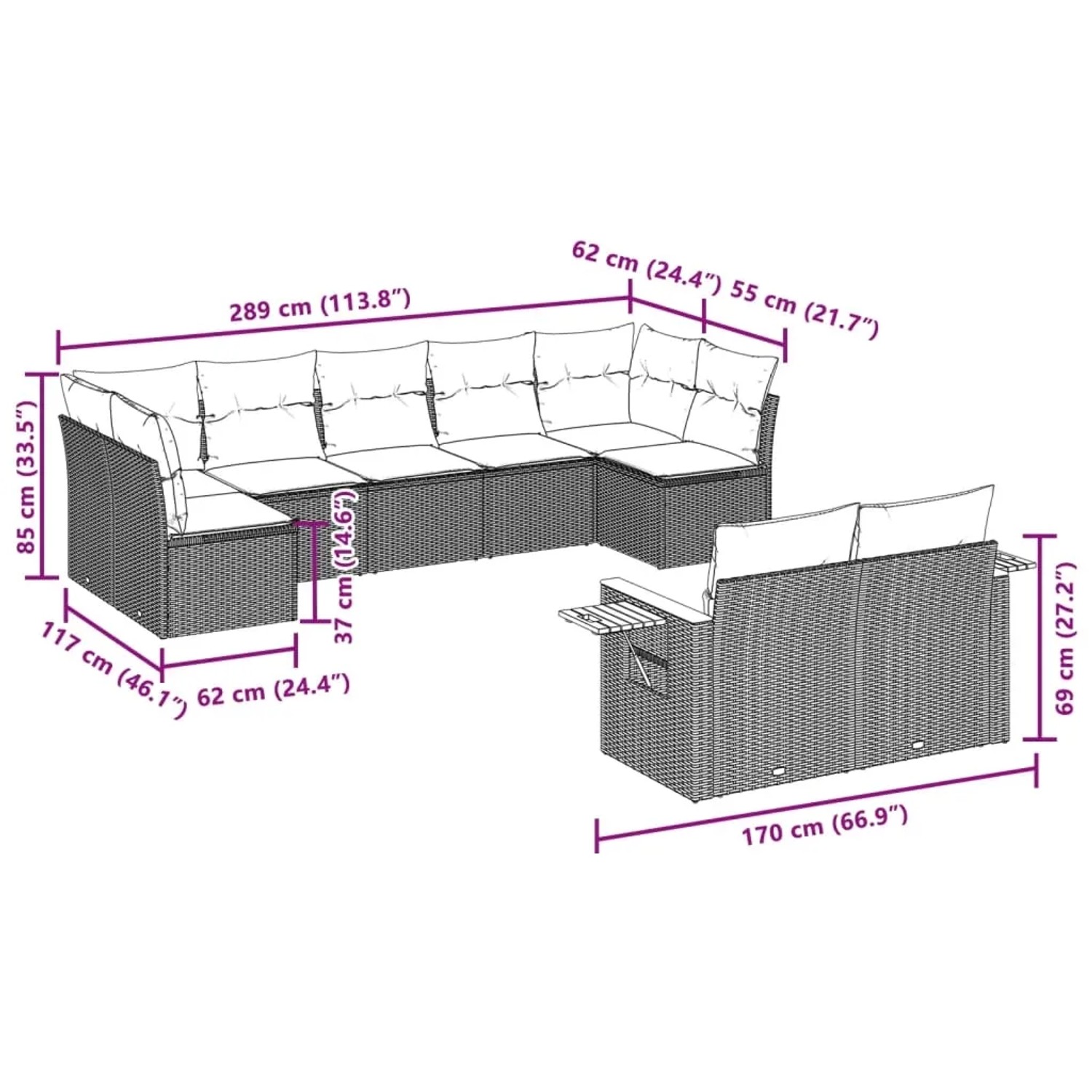 vidaXL 9-tlg. Garten-Sofagarnitur, grau, Poly Rattan, mit Maßangaben.