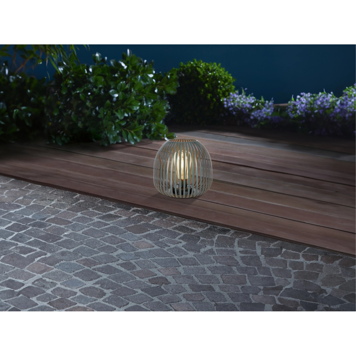 Graue Solar-LED-Dekoleuchte Mereta mit Gitterdesign, Ø 20 cm, für stimmungsvolle Gartenbeleuchtung.
