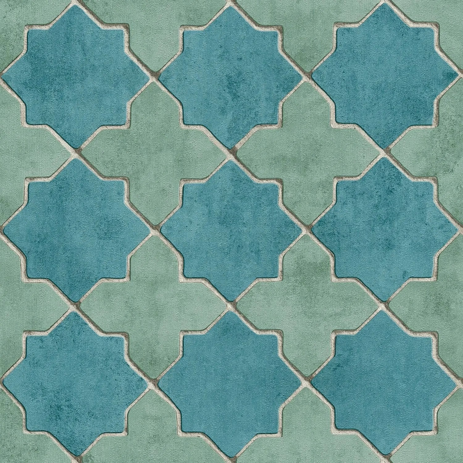 Grafik Tapete in Blau, Grün und Beige mit geometrischem Muster. Dekorative Vliestapete für Wohnräume.