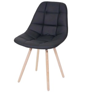 Schwarzer Esszimmerstuhl aus Kunstleder mit gesteppter Rückenlehne und hellen Holzbeinen im Retro-Design.