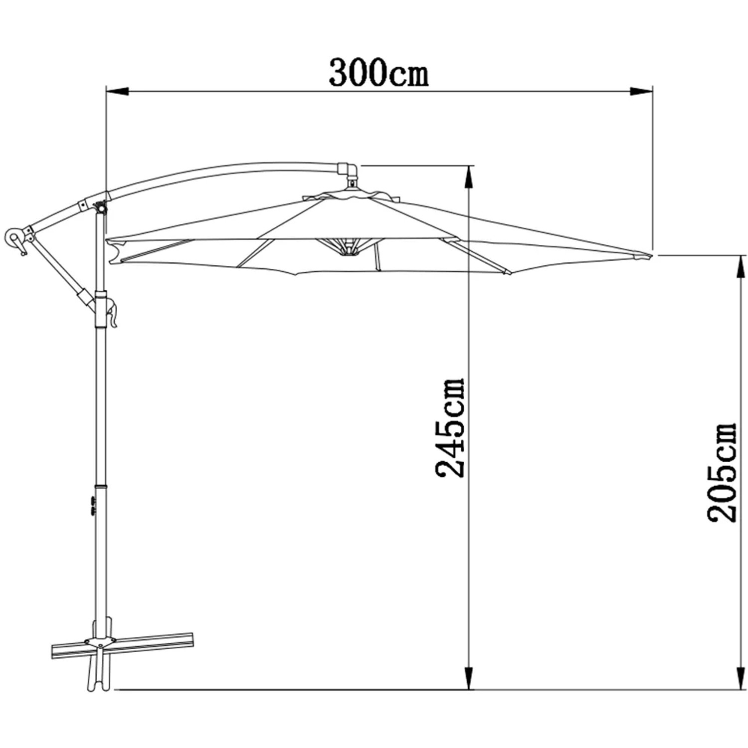 Technische Zeichnung Gartenfreunde Ampelschirm Ø 300 cm, Maße und Details.